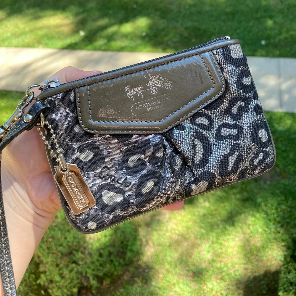 Coach Metallic Silver Glitter Sparkle Leopard Print Zipper Pouch Wristlet Wallet